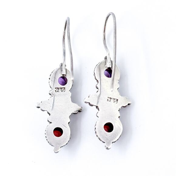 Vintage Southwest Sterling Silver 925 Pearl Amethyst Garnet Drop Earrings - Picture 5 of 8